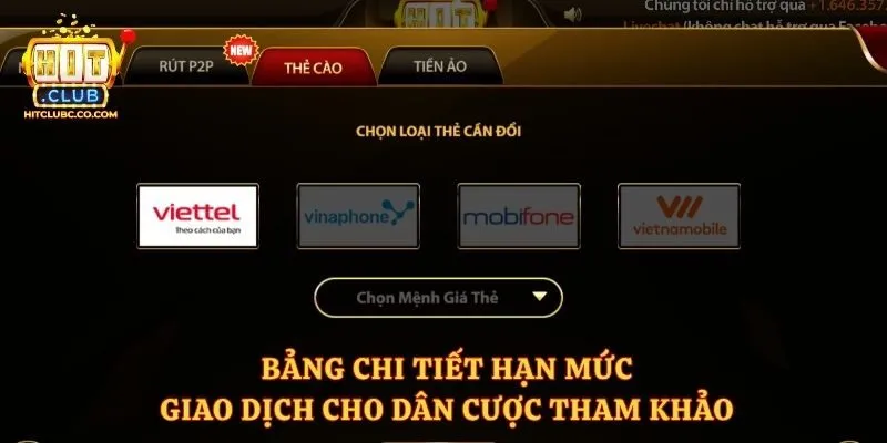 Bảng chi tiết hạn mức giao dịch cho dân cược tham khảo 